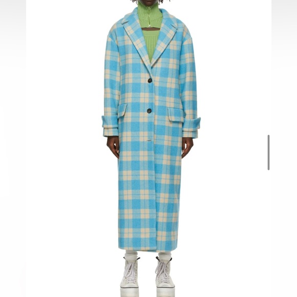 MSGM Blue Beige Checkered Long Wool Coat - Picture 1 of 5